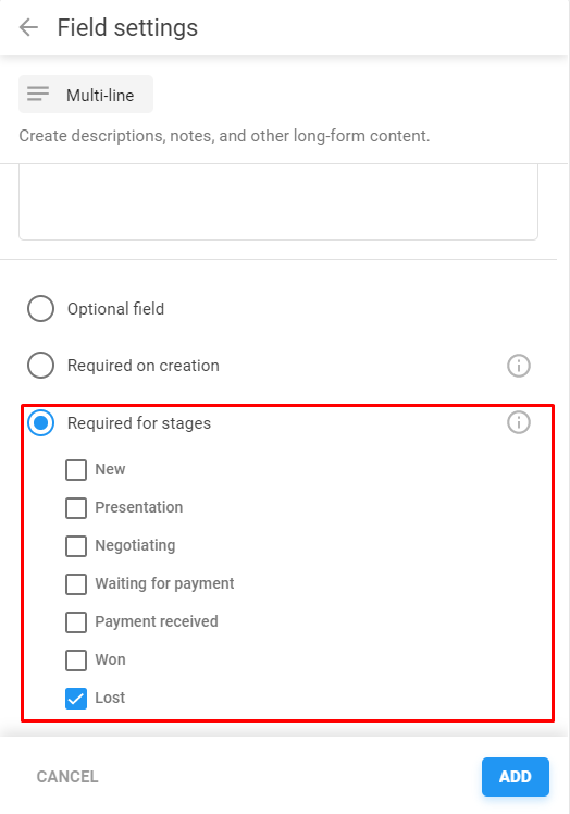 Required field for a certain pipeline stage