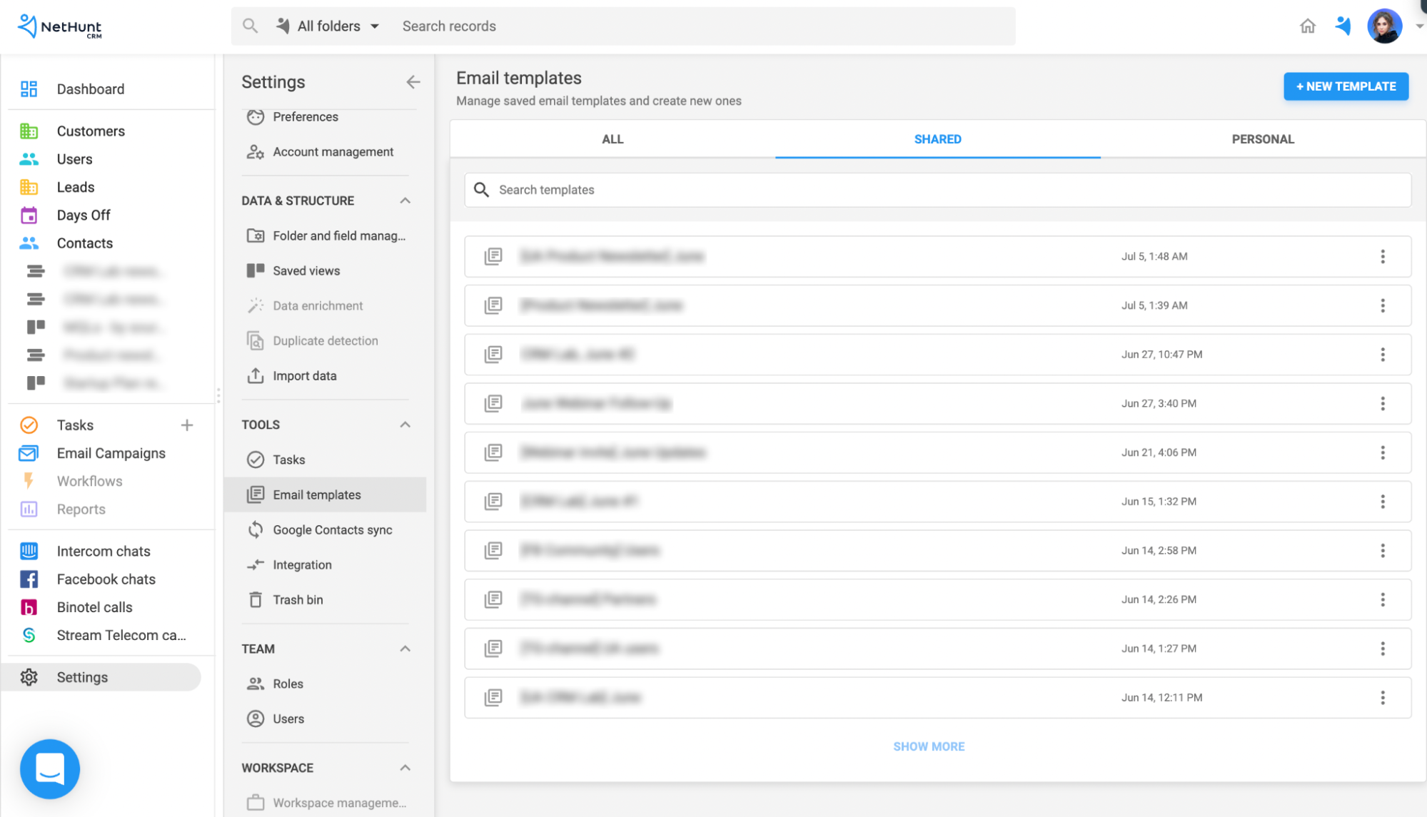 Email templates list in NetHunt CRM