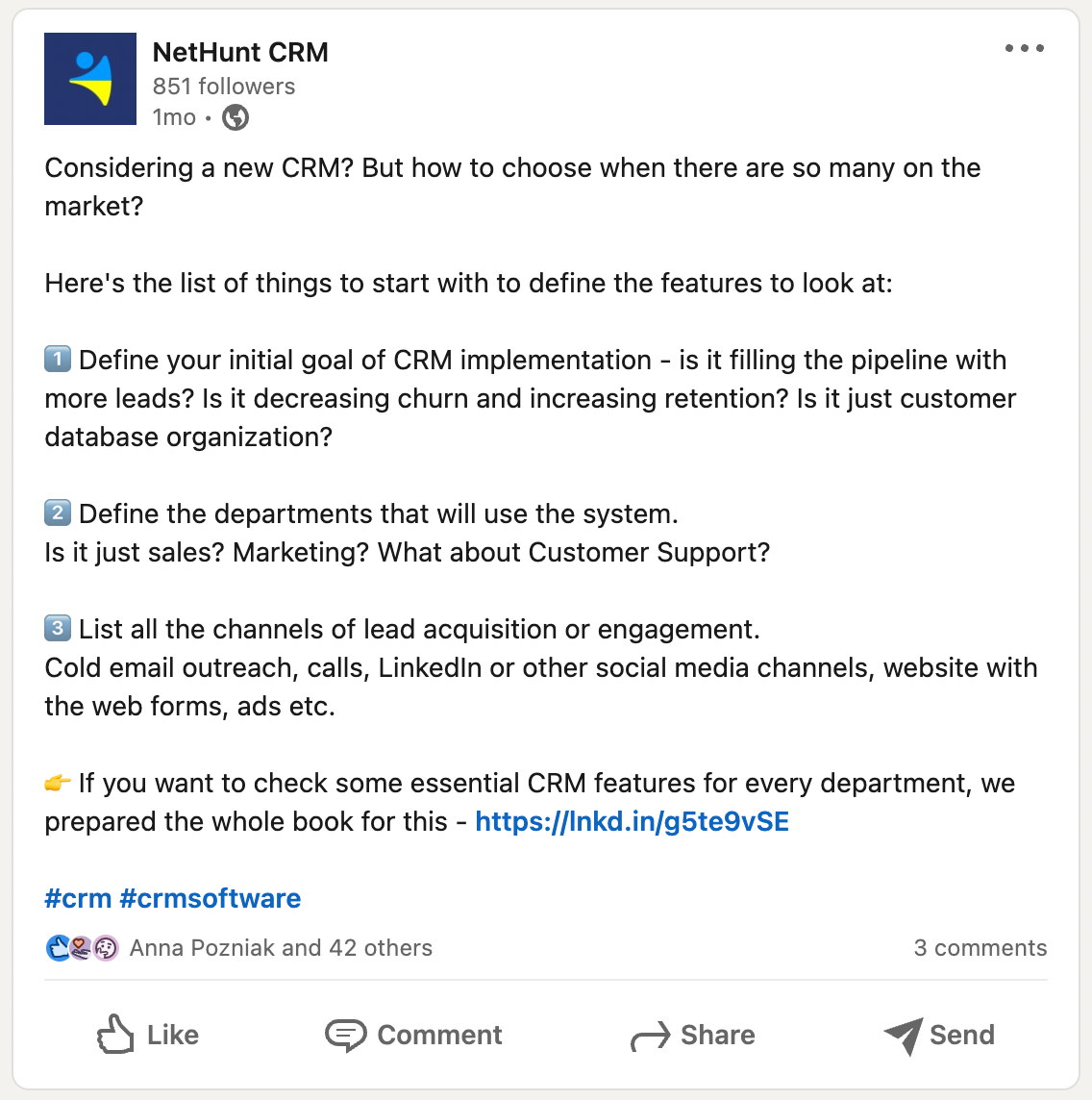 LinkedIn Post of NetHunt CRM