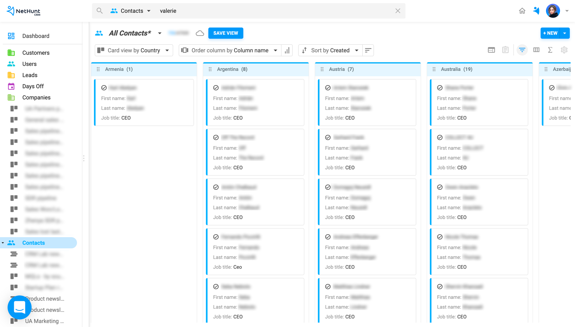 Database segmentation in NetHunt CRM (A custom view with CEOs with card view by Country)