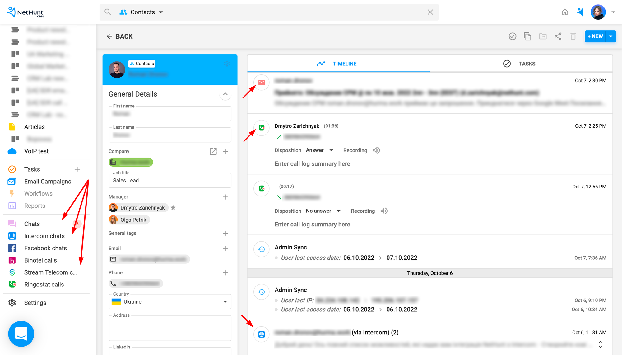 Communication via different channels in NetHunt CRM