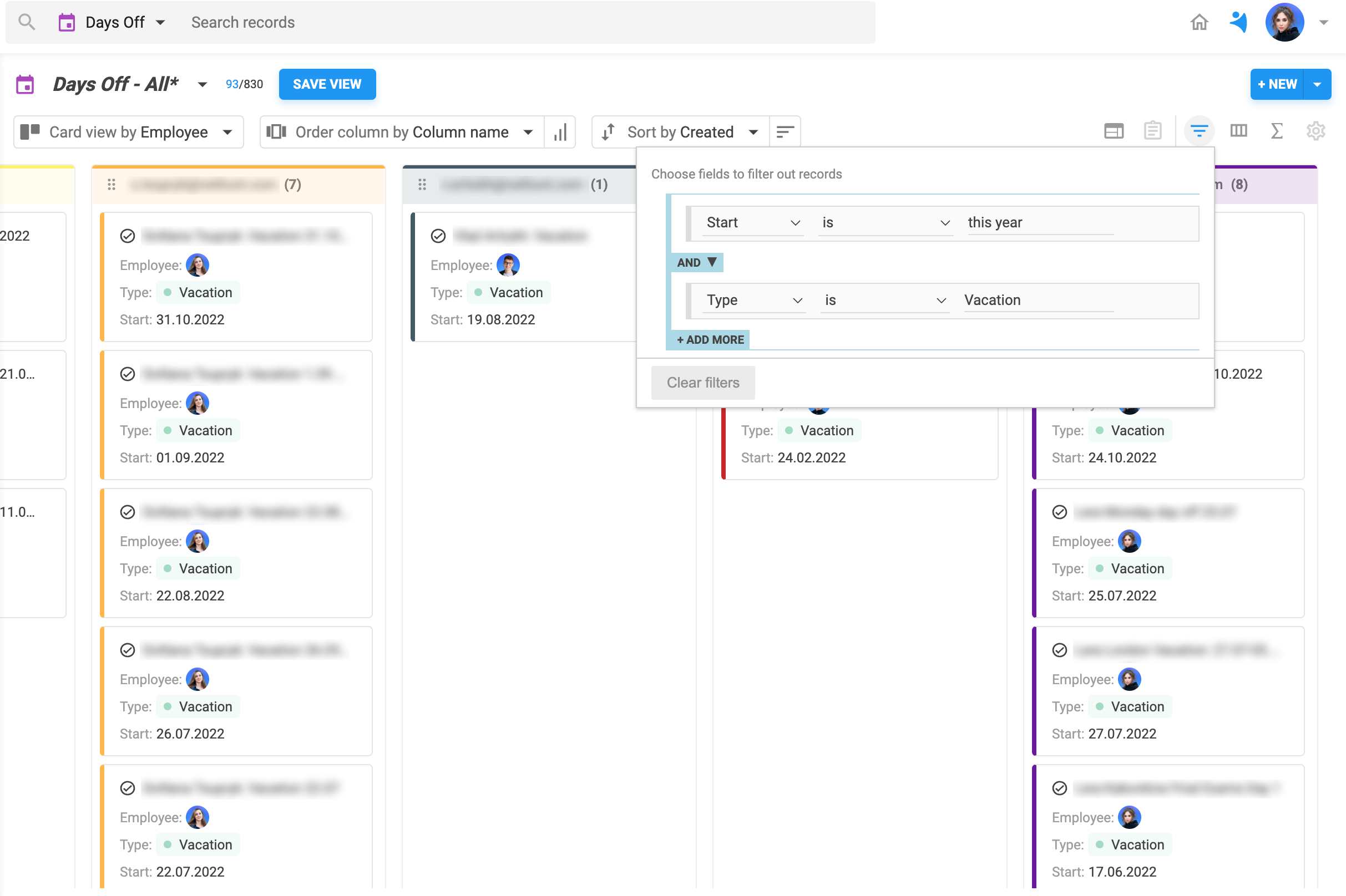 Vacation view in NetHunt CRM