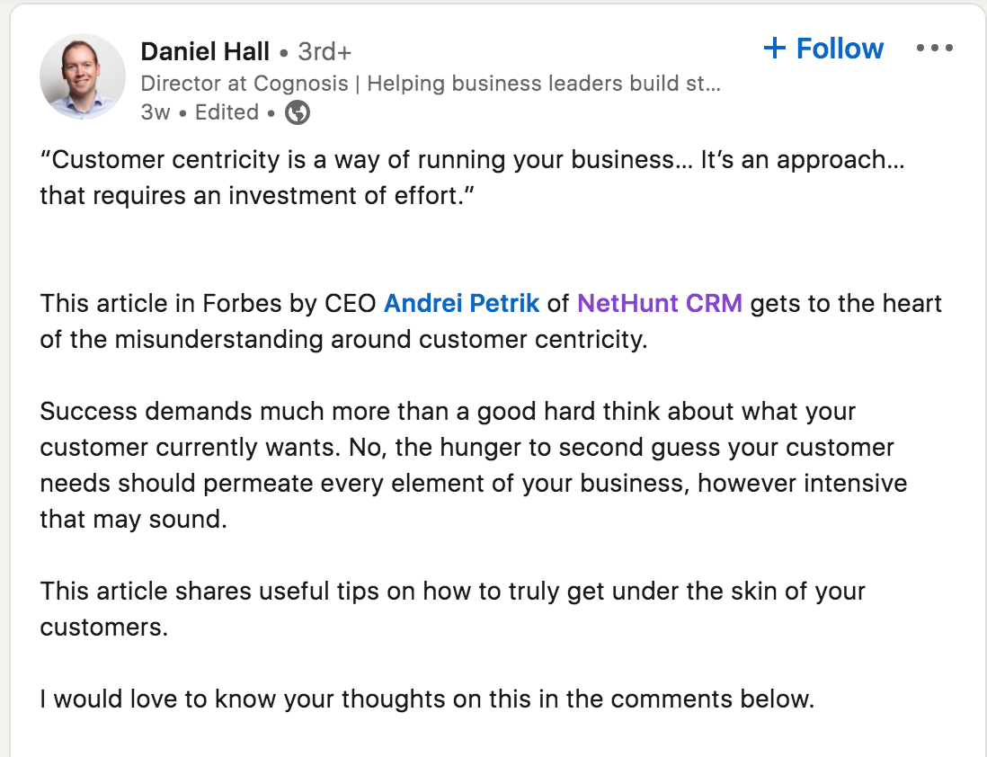 NetHunt CRM mention on social media - social proof