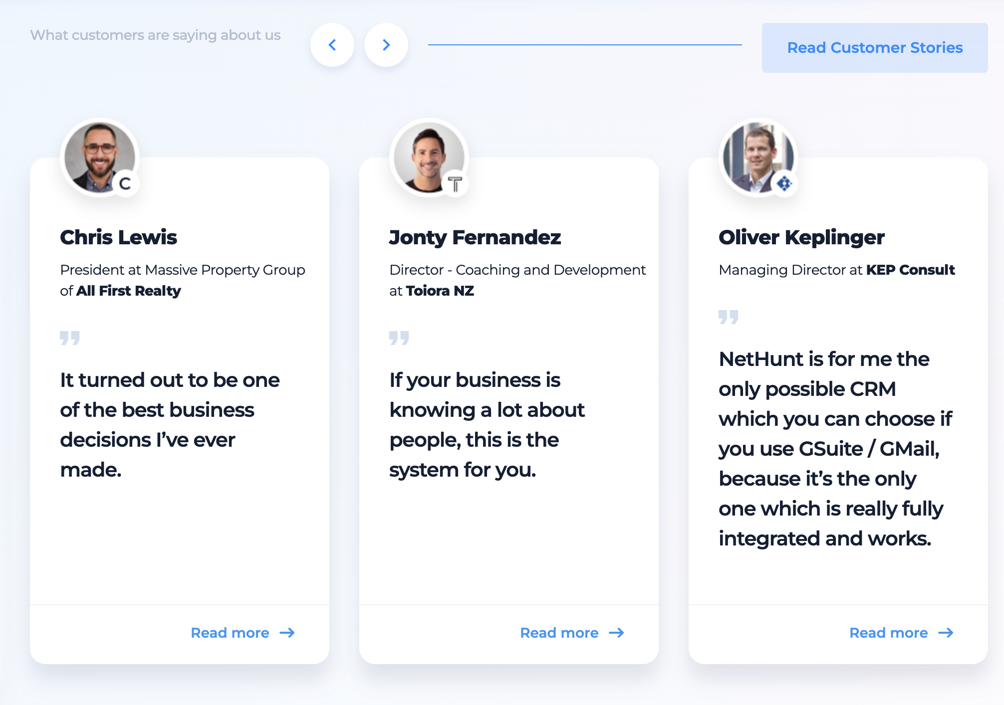 User testimonials on the NetHunt CRM website