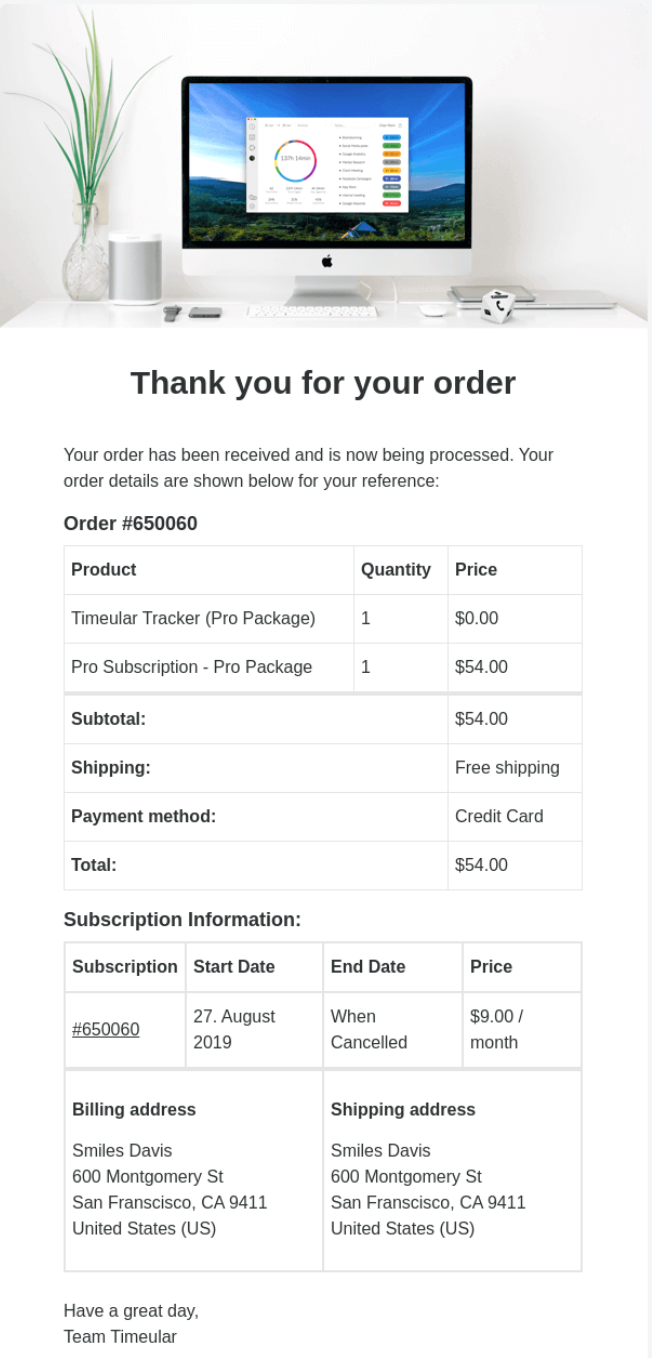 An example of an order confirmation email