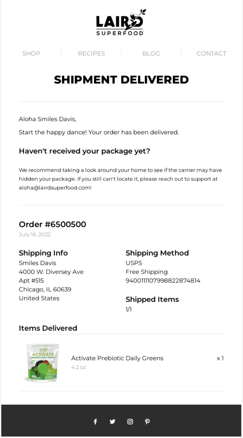An example of a delivery notification email