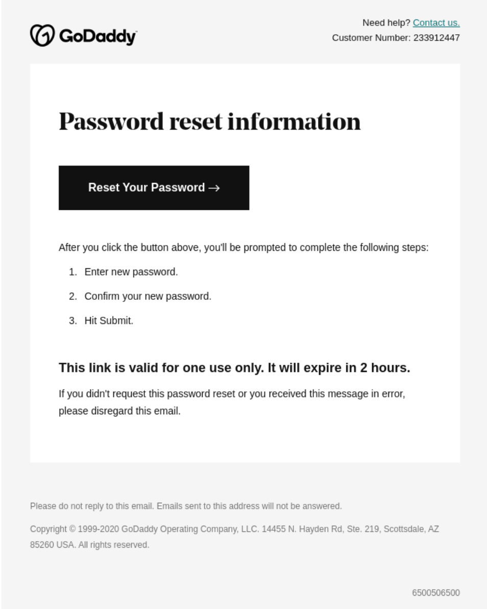 An example of a password reset email