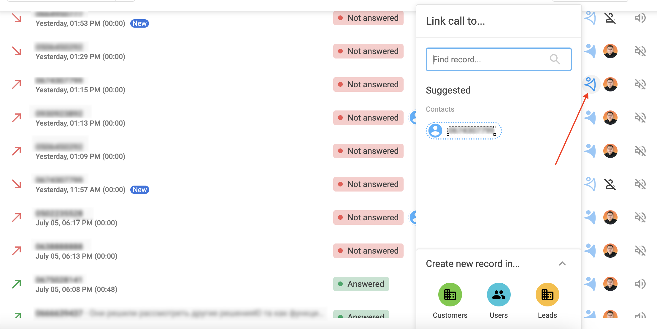 The process of creating a customer record out of a call in NetHunt CRM