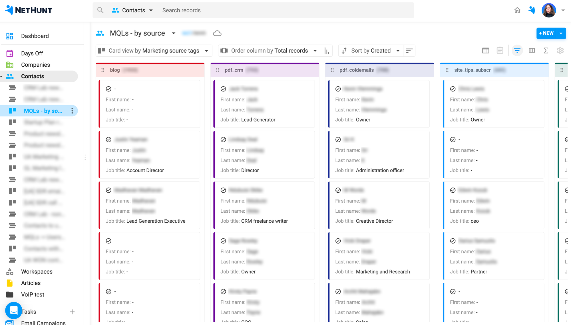An example of a custom view in NetHunt CRM