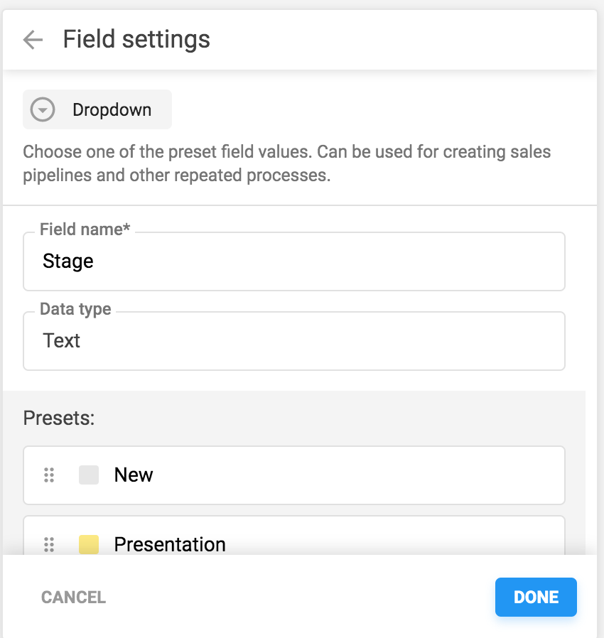 Stage field settings in NetHunt CRM