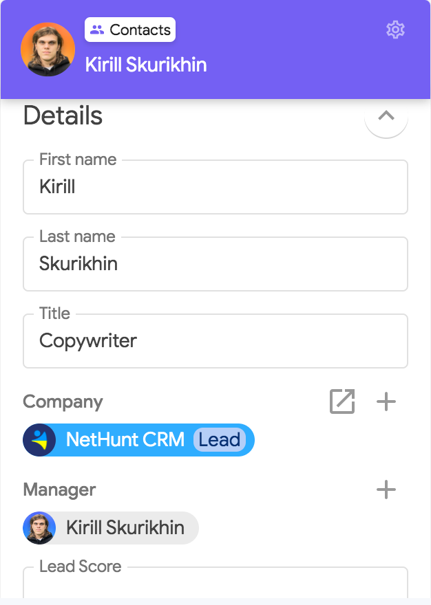 Contact record in NetHunt CRM