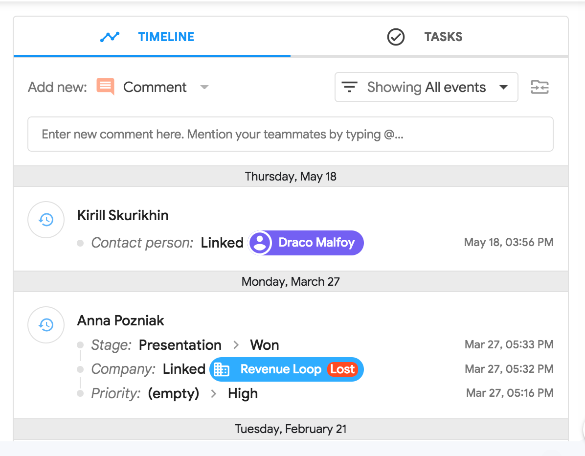 Activity timeline in NetHunt CRM
