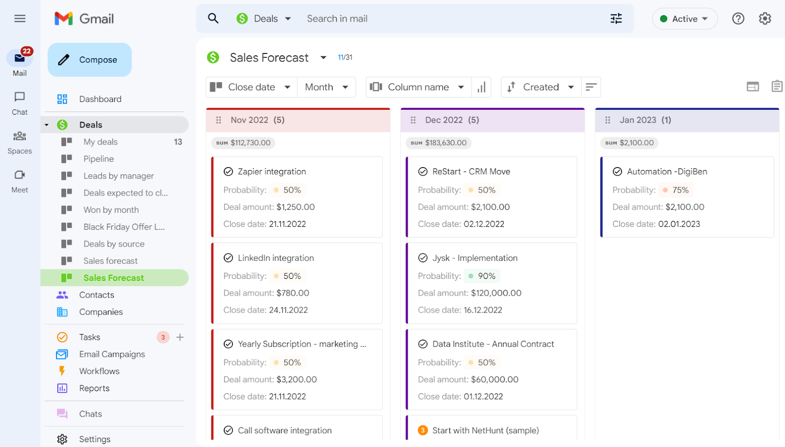 Sales forecast view in NetHunt CRM