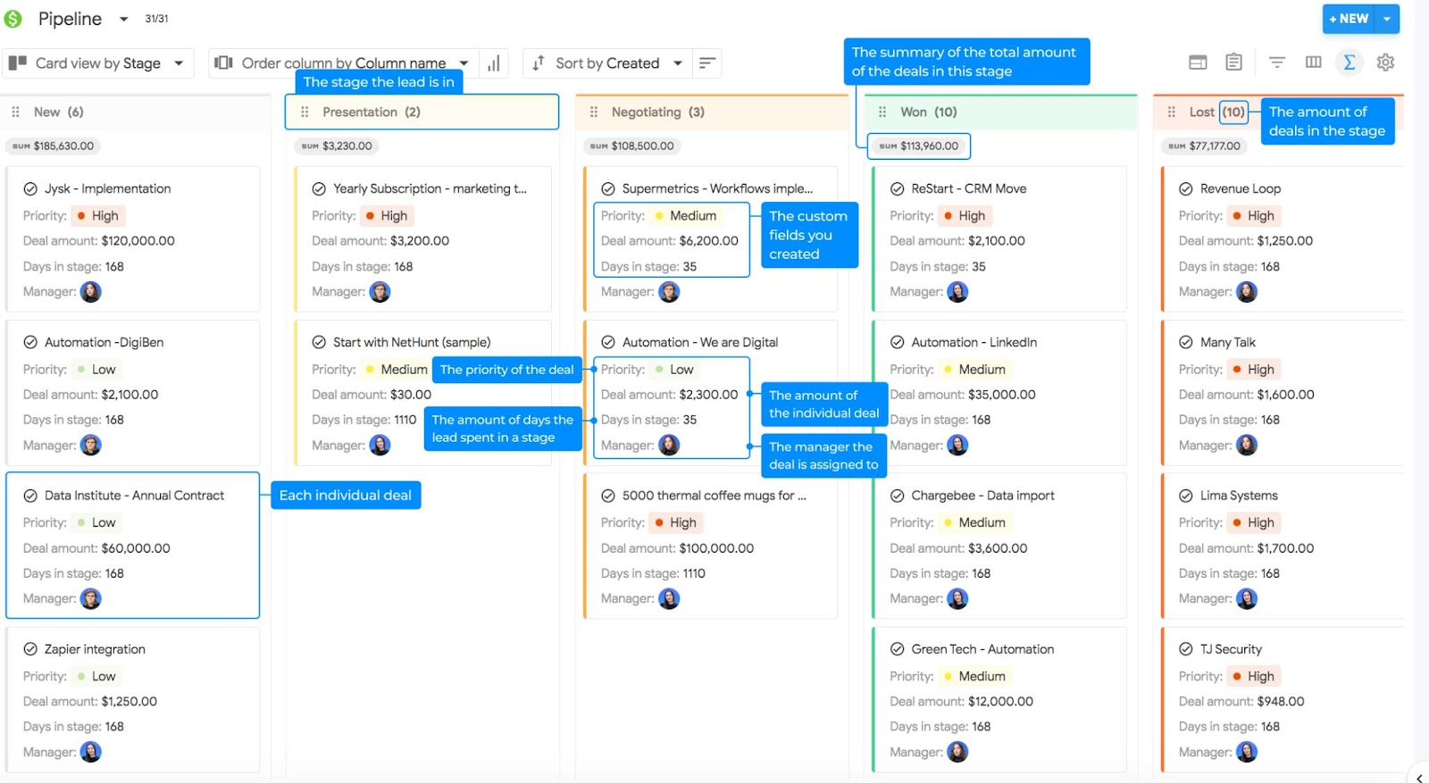 Sales pipeline view in NetHunt CRM