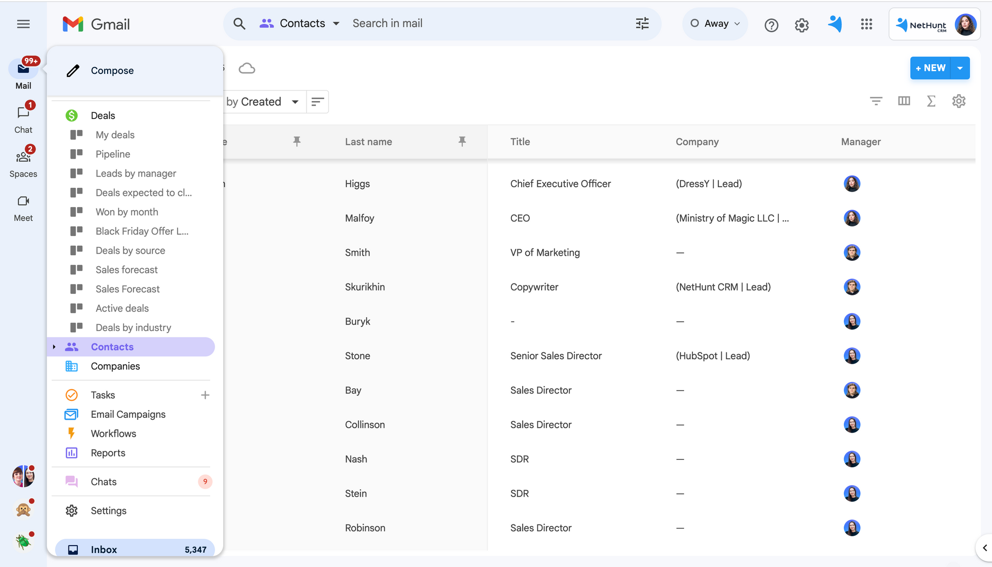 NetHunt CRM is a Gmail CRM that lives inside your Gmail inbox
