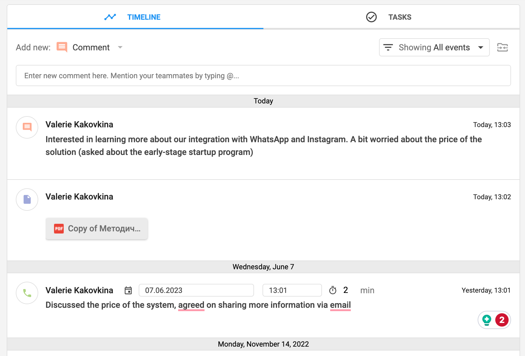 Timeline in NetHunt CRM