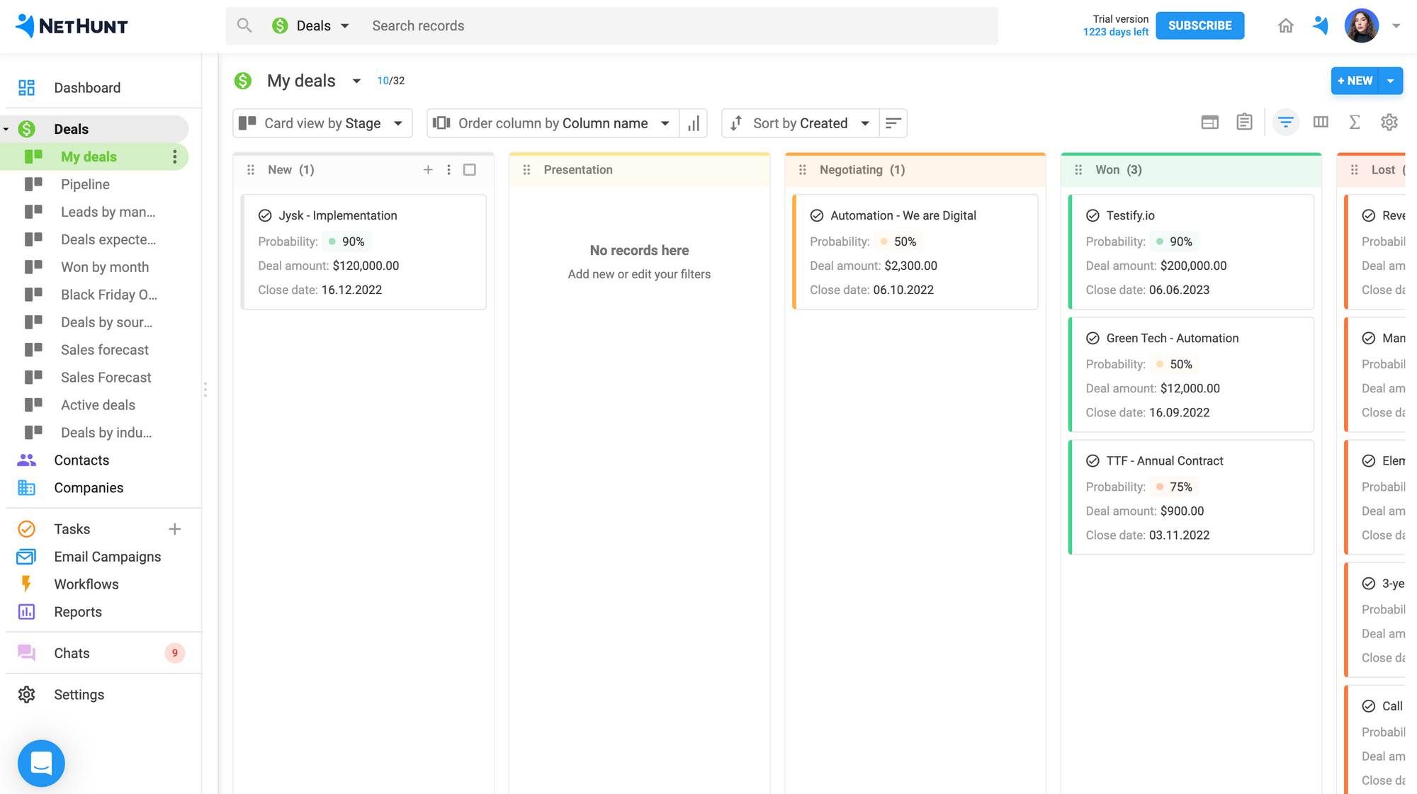 A screenshot of NetHunt CRM