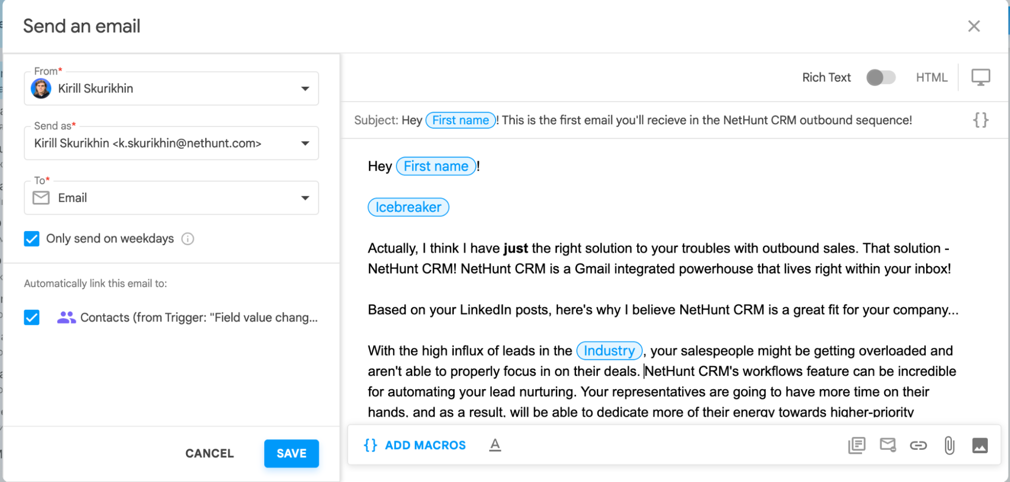 Sample of email personalisation in NetHunt CRM
