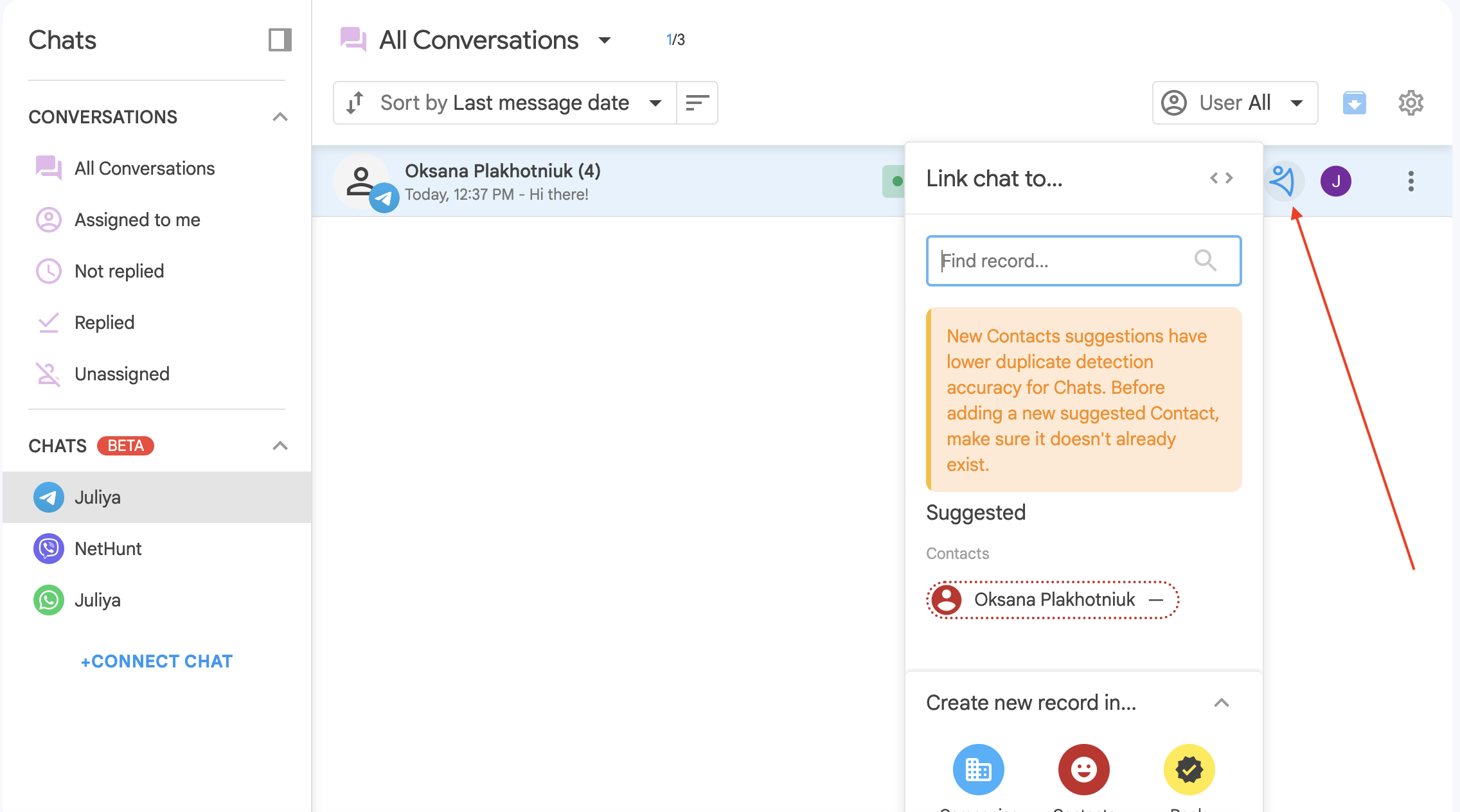 Creating a new contact from a Telegram chat in NetHunt CRM