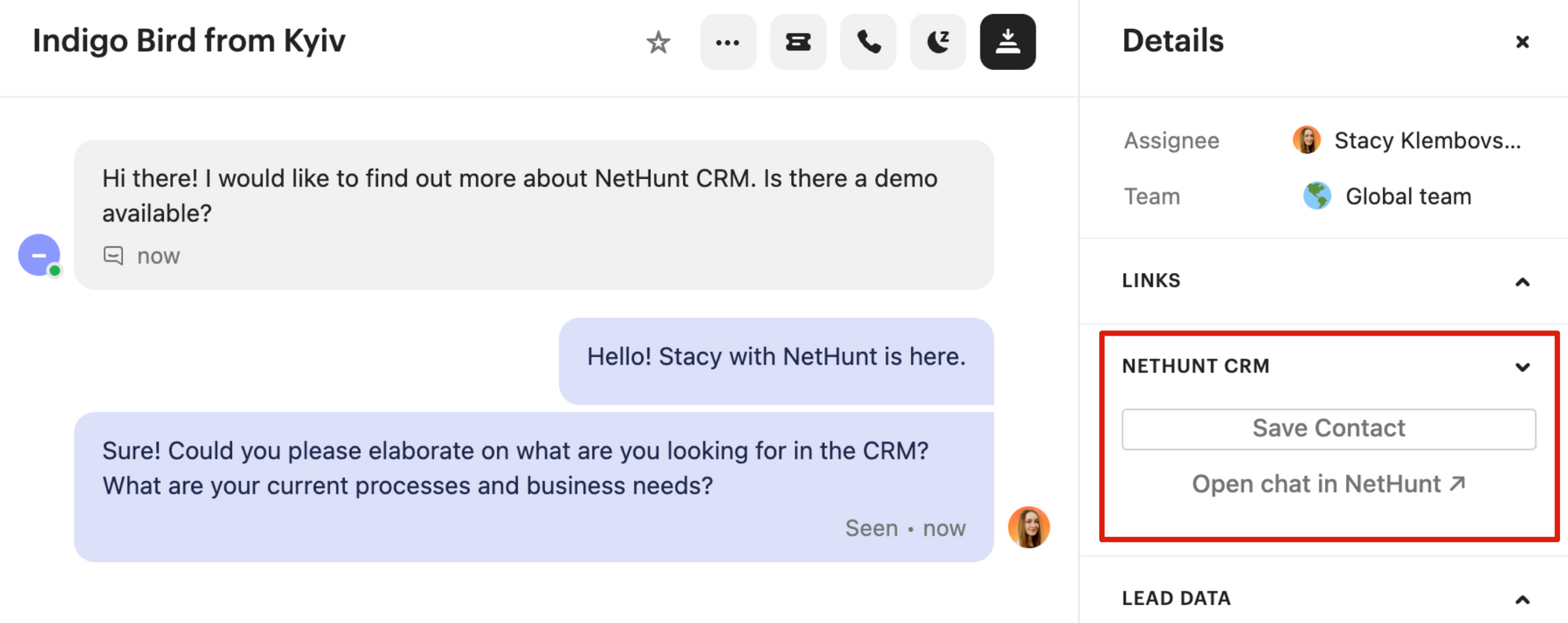 The process of creating a customer record out of an Intercom chat in NetHunt CRM