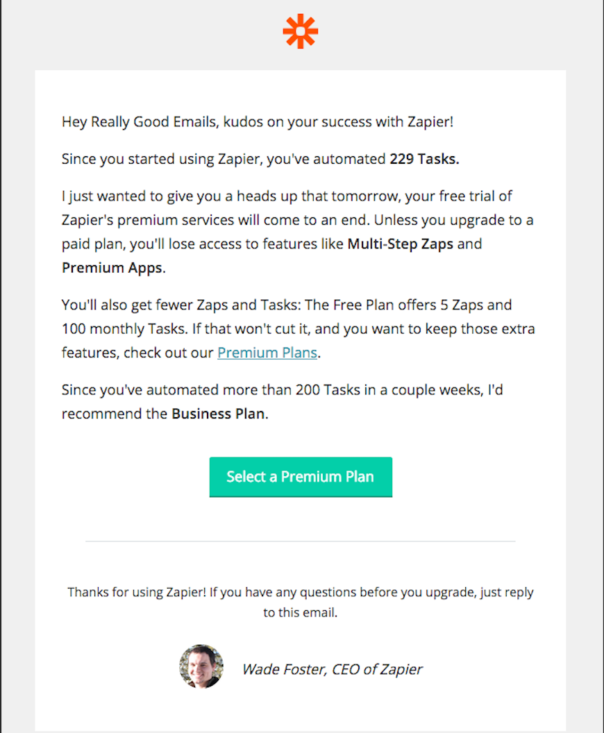 Zapier upselling email example
