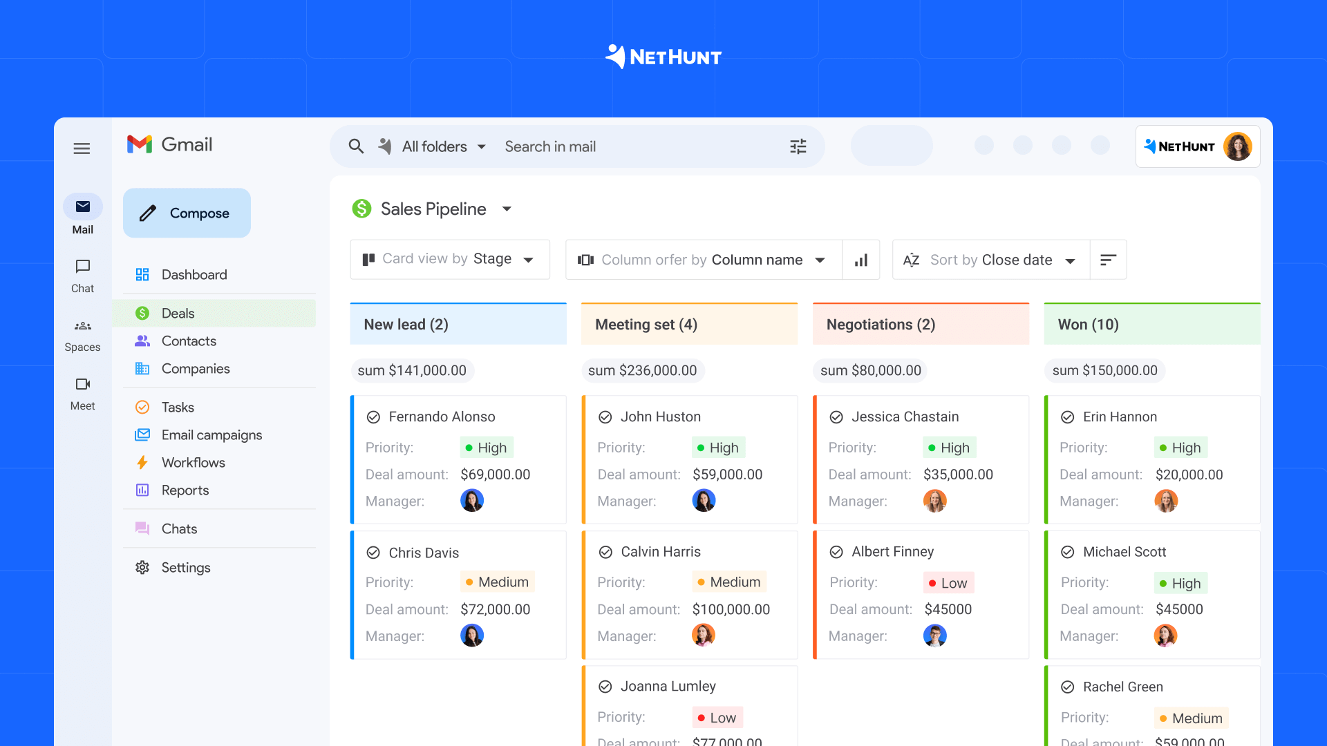 Sales pipeline in NetHunt CRM, an Airtable CRM alternative