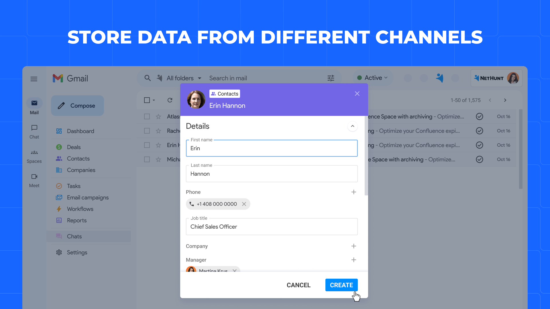 A customer record in NetHunt CRM with data from different channels