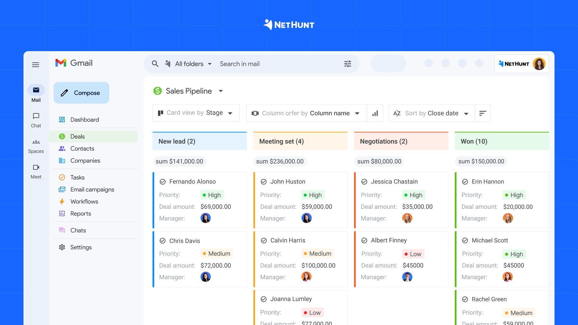 Sales pipeline in NetHunt CRM