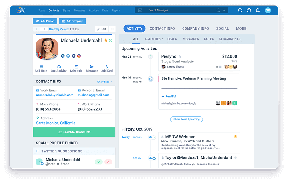 Contact and activity management in Nimble CRM