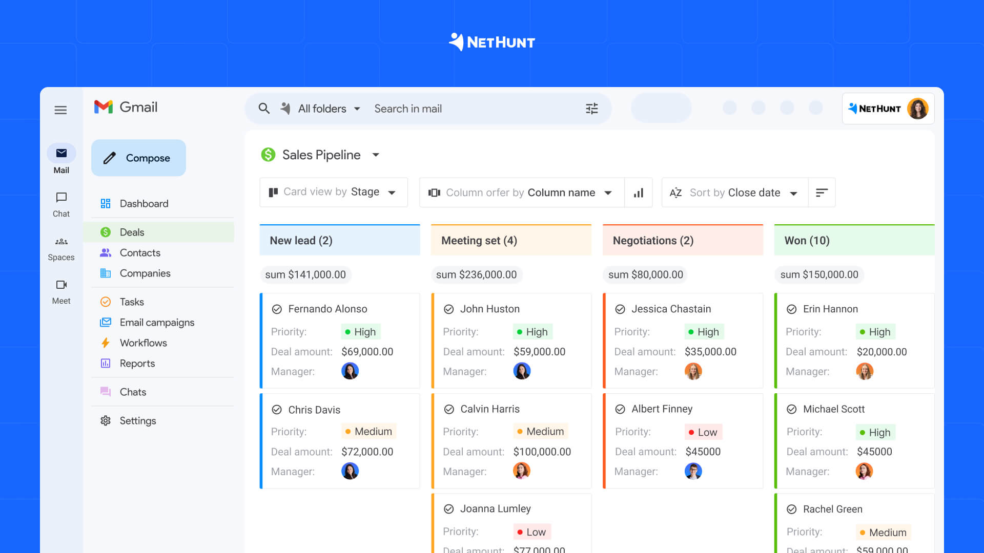 Sales pipelines in NetHunt CRM