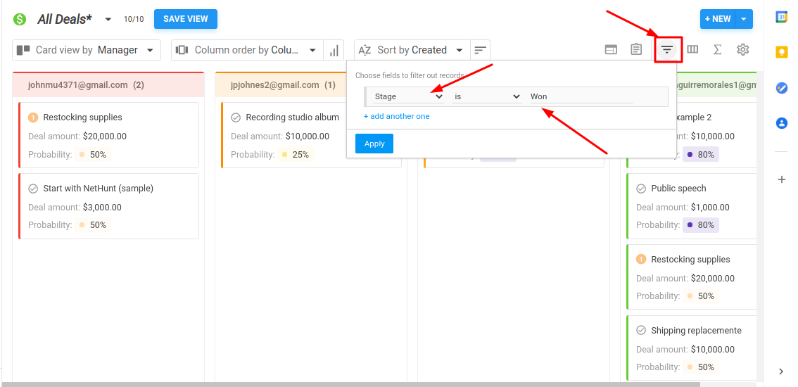 Apply the necessary filters in NetHunt CRM