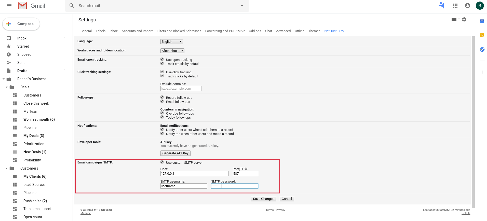 NetHunt CRM SMTP Connection