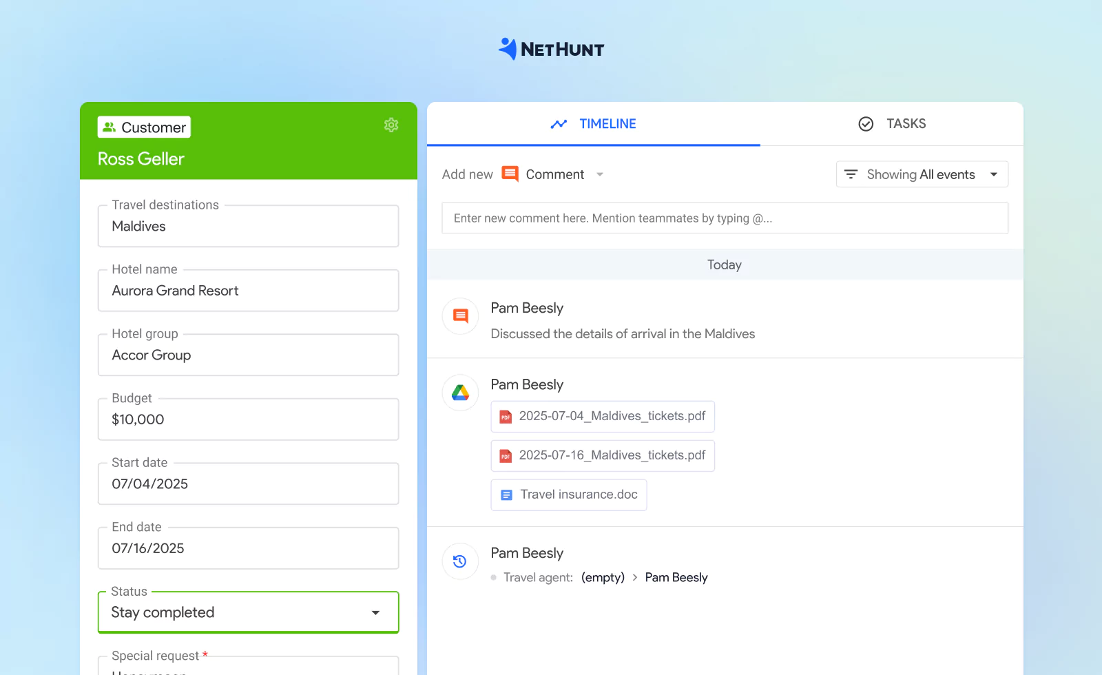 Customer record with travel-related fields: destination, hotel, budget, dates, status, and special requests