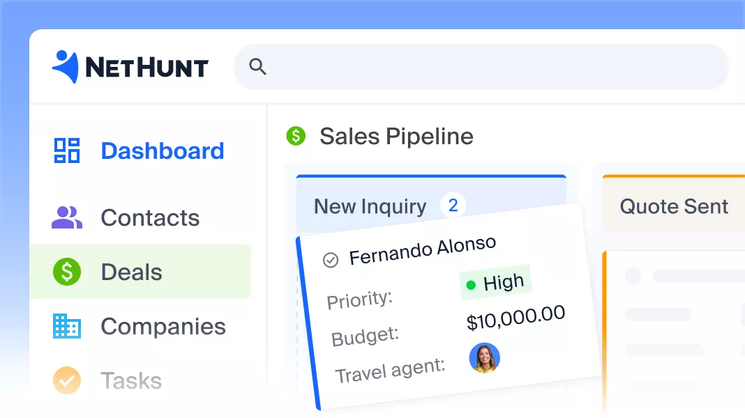 Travel CRM booking pipeline with New inquiry and Quote sent stages