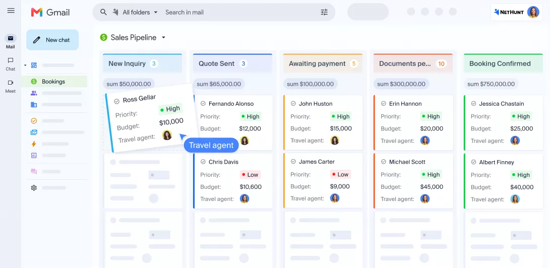NetHunt travel agency CRM booking pipeline
