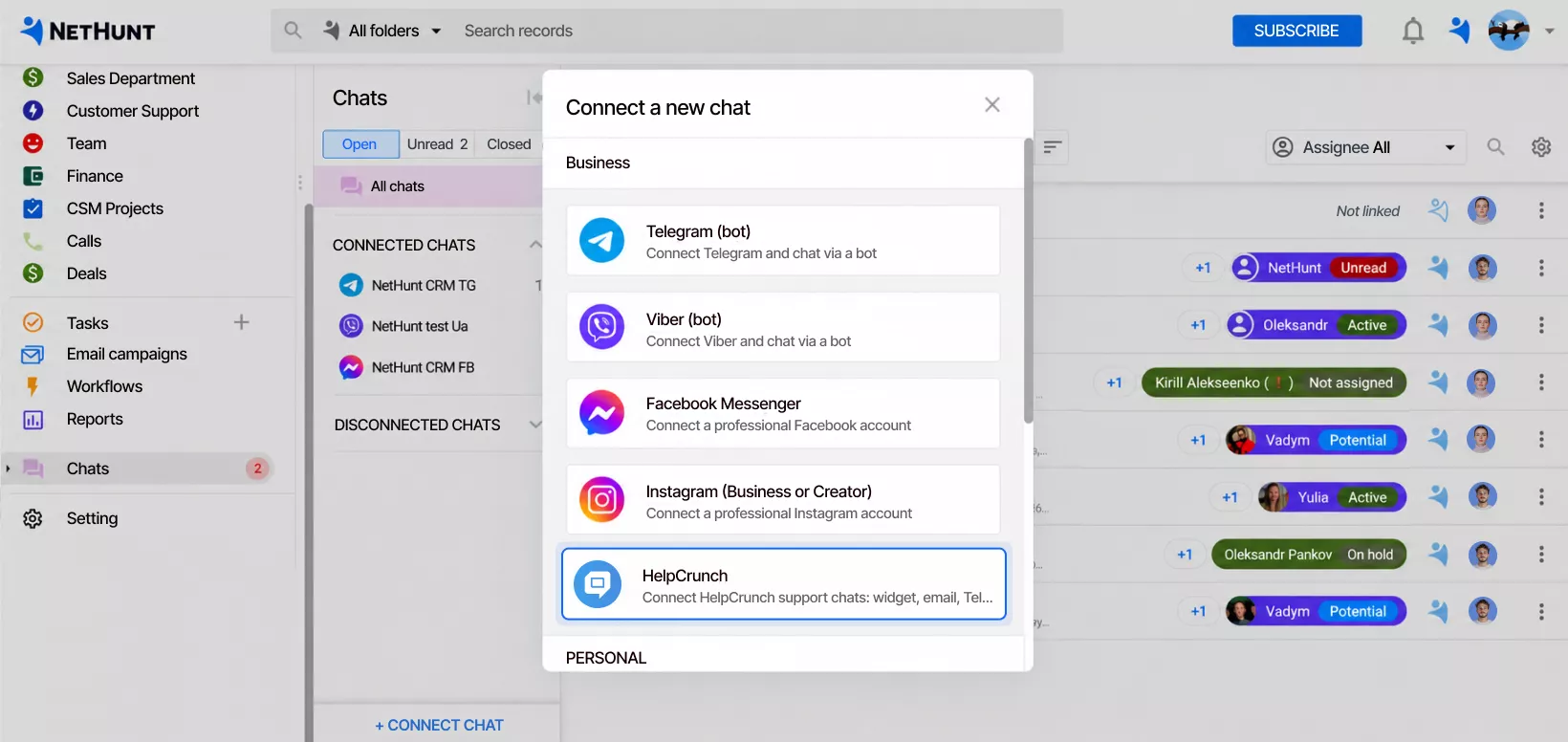 NetHunt CRM integration with HelpCrunch screen 1