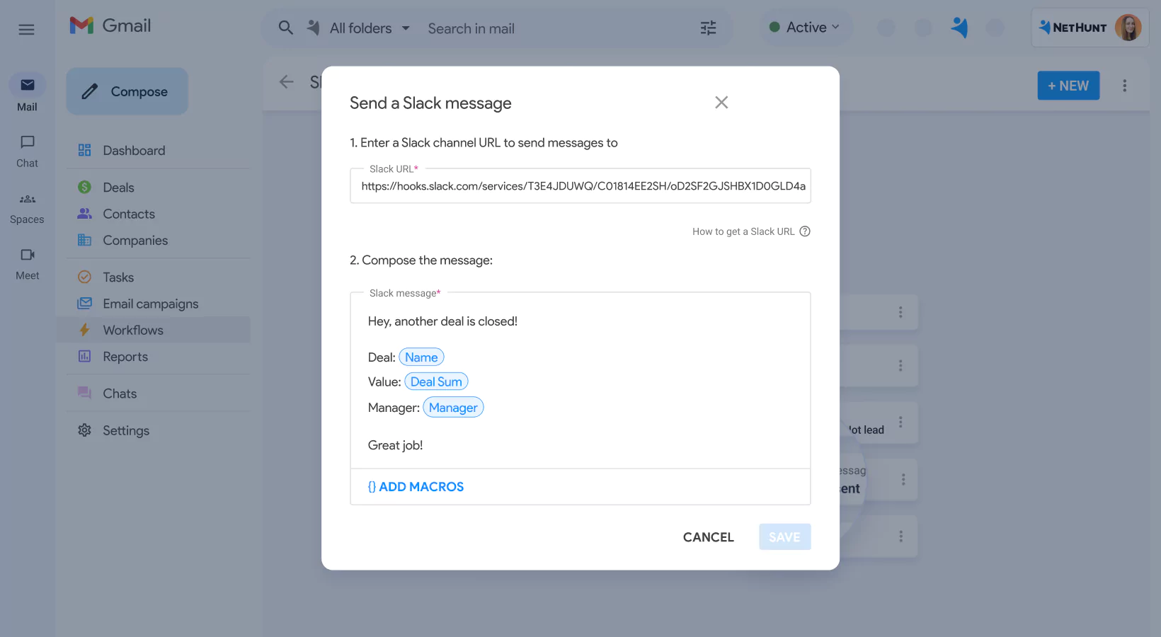 NetHunt CRM integration with Slack screen 2