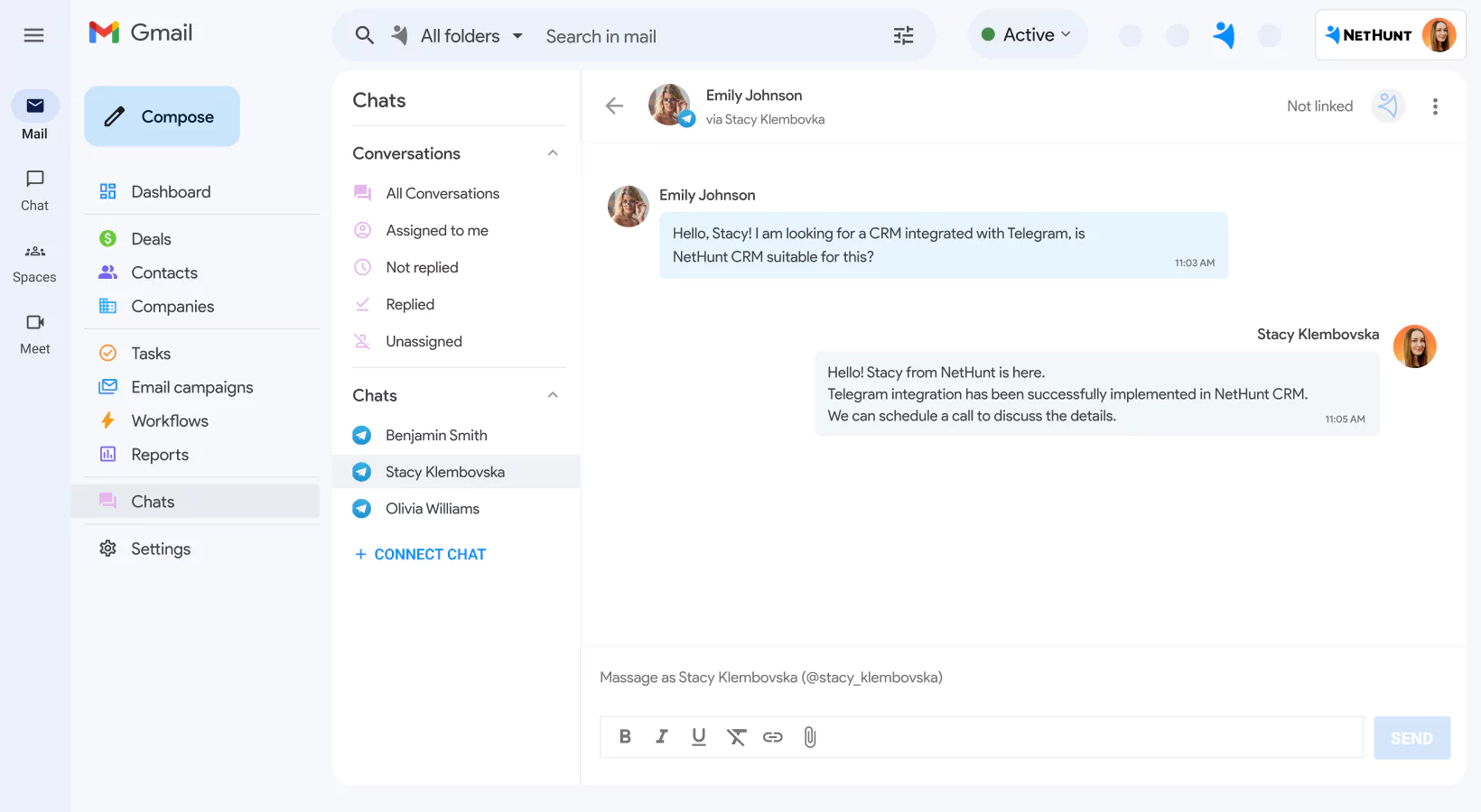 NetHunt CRM integration with Telegram screen 1