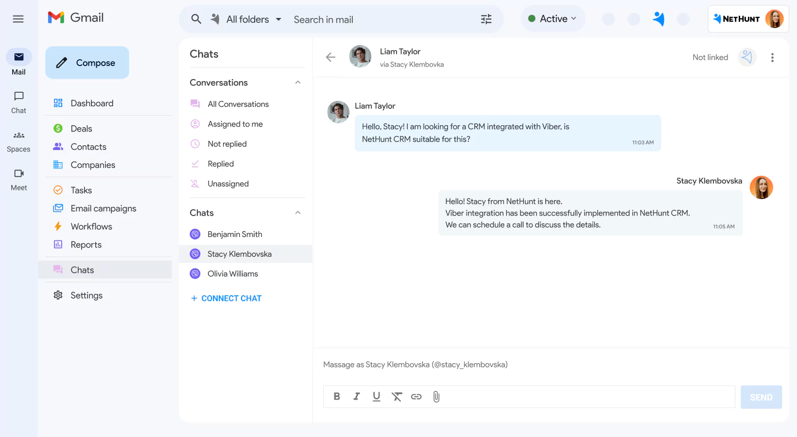 NetHunt CRM integration with Viber screen 1