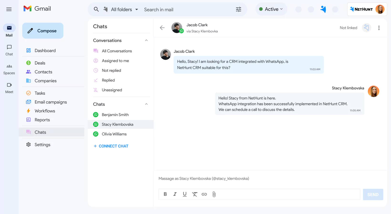 NetHunt CRM integration with WhatsApp screen 1