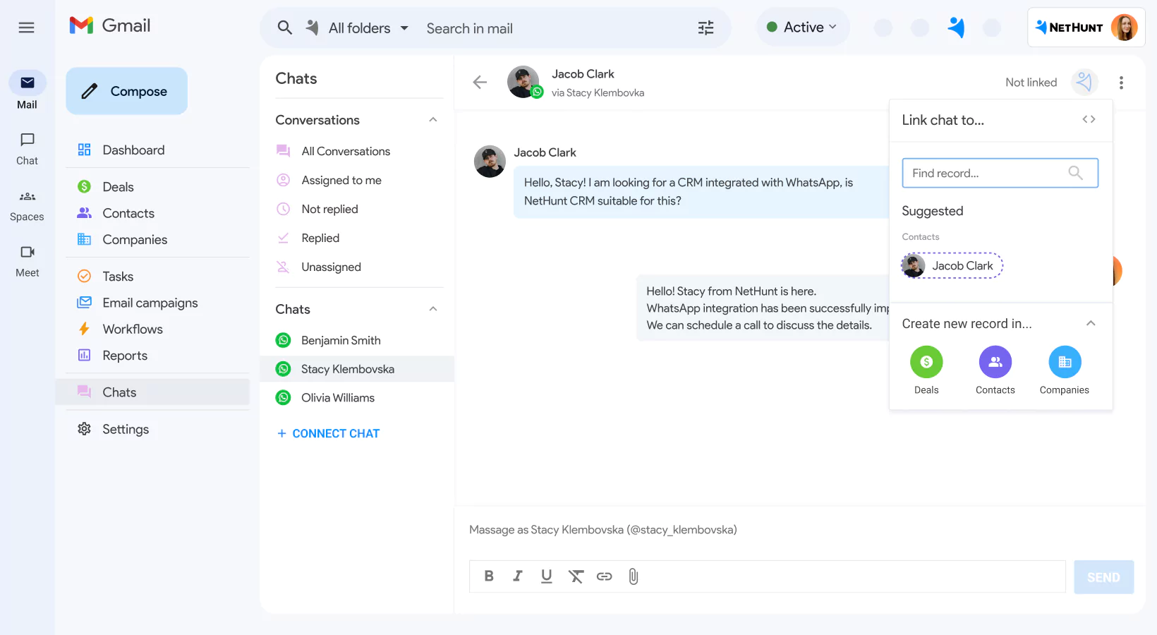 NetHunt CRM integration with WhatsApp screen 3