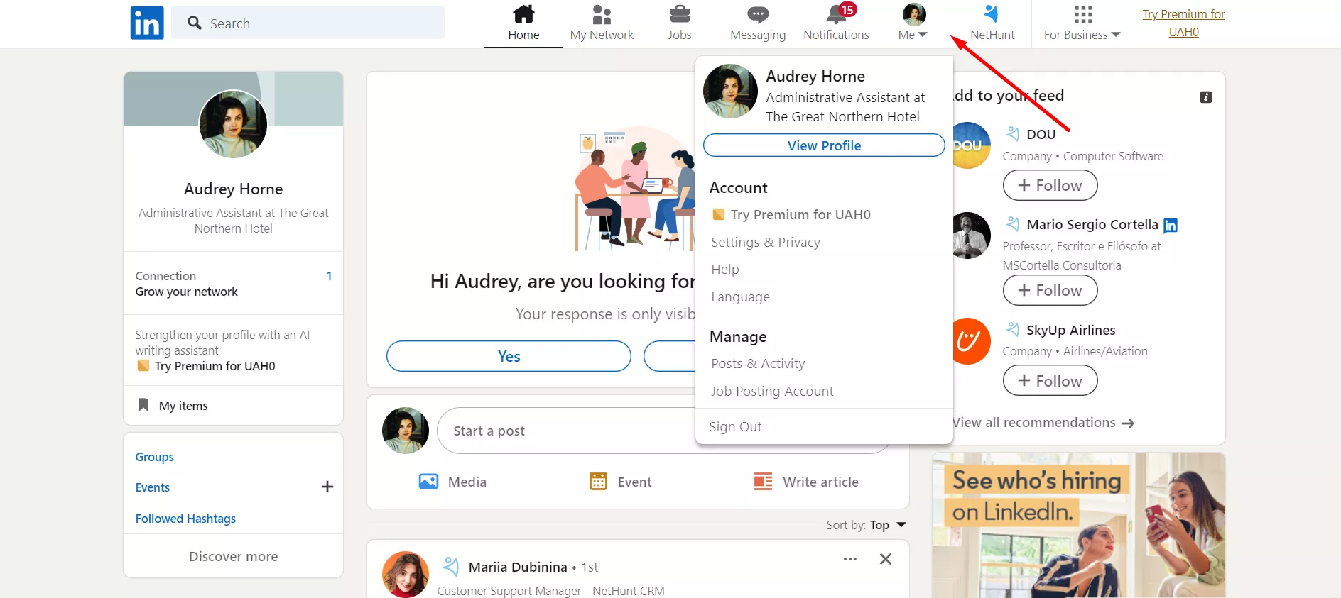 Switching accounts in LinkedIn