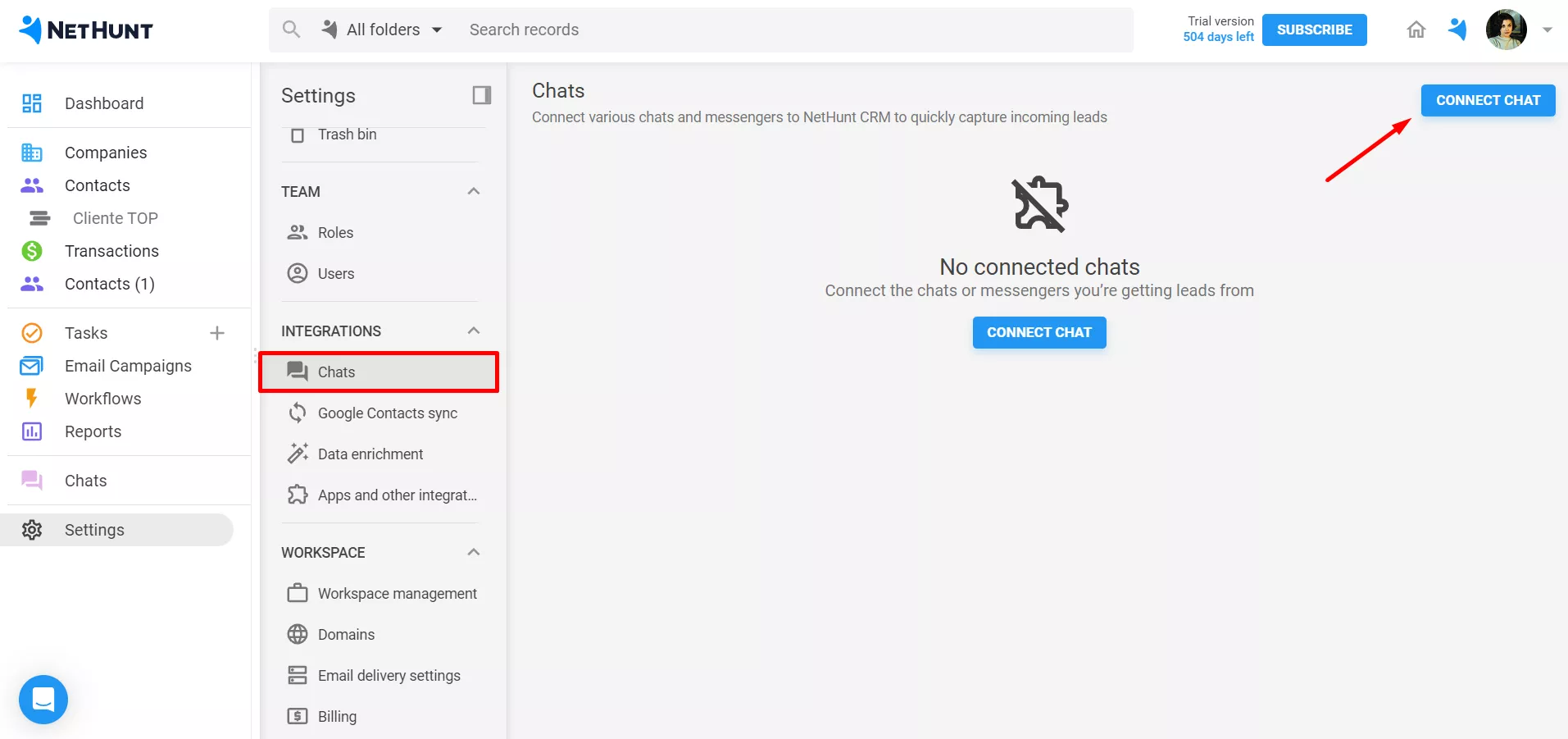 Connect chat in Settings