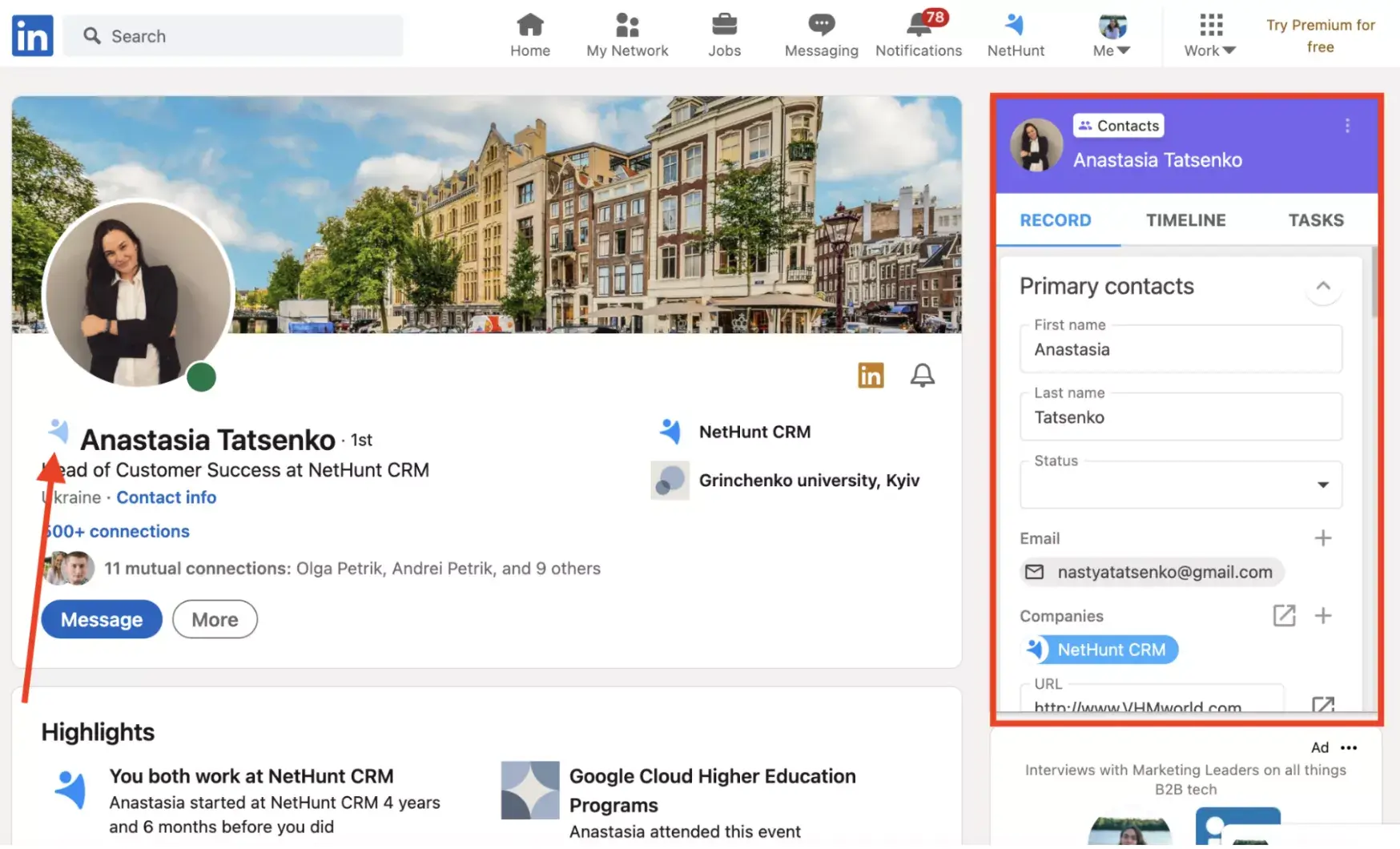 An automatically enriched lead profile