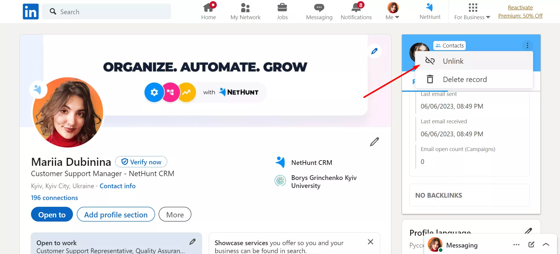 An automatically enriched lead profile